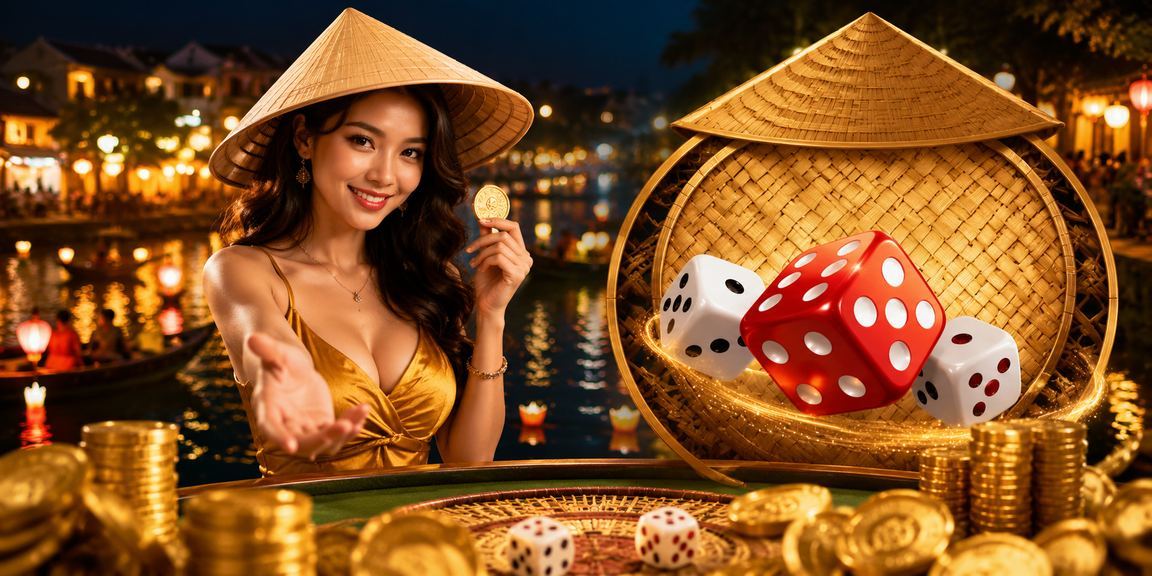 Khung cảnh chơi tài xỉu truyền thống với nón lá tại Hội An trên nền tảng d07